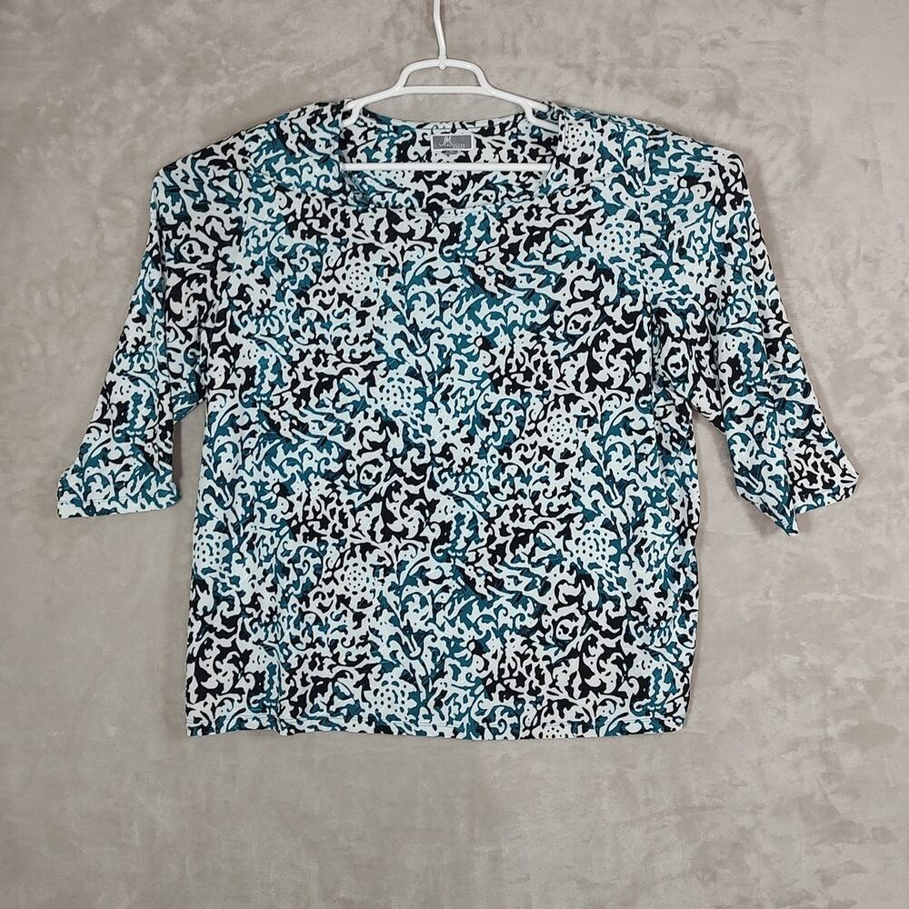 JM Collection Women's Plus Size 3X Knit Top Teal Black Damansk Print 3/4 Sleeves